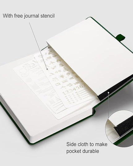 AHGXG Bullet Dotted Journal - 320 Numbered Pages Dot Grid Notebook A5 Thick Journal, 100gsm Thick Dotted Paper, Leather Hardcover,Inner Pocket, 5.75'' × 8.38'' - Green