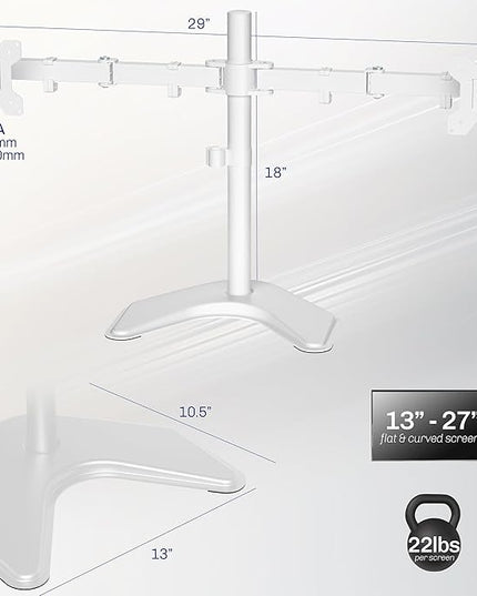 VIVO Dual LED LCD Monitor Mount, Free-Standing Desk Stand for 2 Screens up to 27 Inch, Fully Adjustable Arms with Max VESA 100x100mm, Extra Large Base, White, STAND-V002FW