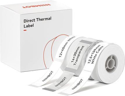 NIIMBOT Label Maker Tape for D110/D11/D101 Label Printer, Multi-Size 3Rolls Pack | 0.47'' x 1.57'' White, 0.55'' x 1.18'' Transparent, 0.49'' x 4.29'' White Cable, for Home Office School Labeling