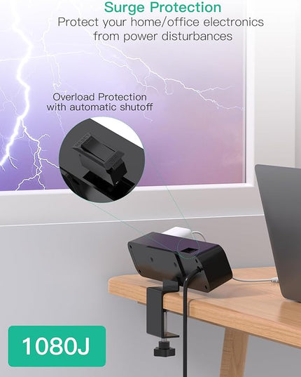 PD40W Desk Clamp Power Strip, Desktop Mount Surge Protector, Fast Charging Station, 5Ft Extension Cord Desk Mount Shelf with 4 Outlets 4 USB Ports (2 USB C), Home Office Accessories Essentials, Black