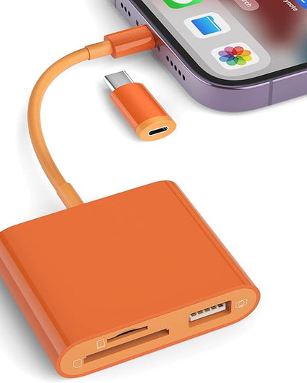 SD Card Reader for iPhone, Memory Card Reader with USB-C to Light-ning Adapter Plug and Play Trail Game Camera Micro SD Card Viewer Support SD/TF Card and USB for iPad No App Required (Orange)