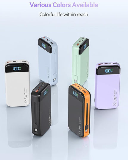 Portable Charger Power Bank Built-in Cables, 32000mAh 22.5W USB C Fast Charging, 5 Outputs 3 Inputs Travel Essentials Battery Pack Compatible with iPhone, iPad, Samsung, Google Pixel, Purple