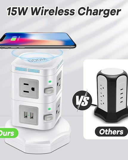 Power Strip Surge Protector, ODOM Power Strip Tower with 15W Fast Wireless Charger, 4 USB Ports + 6 Outlets + 6 Feet Retractable Extension Cord, Multiple Plug Charging Tower for Home Office Dorm