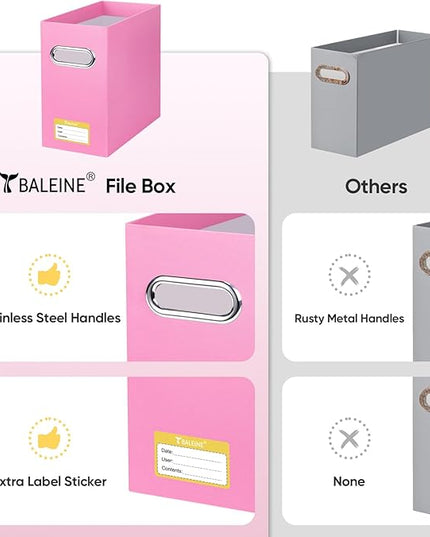 BALEINE File Organizer Box, Cardboard File Folder Organizer with Handle for Letter Size, Portable Collapsible Hanging Filing Box for Home Office Document Storage (2 Pack, Pink)
