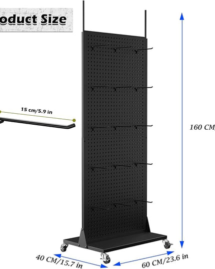 Metal Pegboard Panels - Double Sided Peg Board Shelving with 30 Hooks,63x23x15 in,Portable Peg Board Organizer for DIY, Kitchen Decoration,Mobile Phone Shop/Black