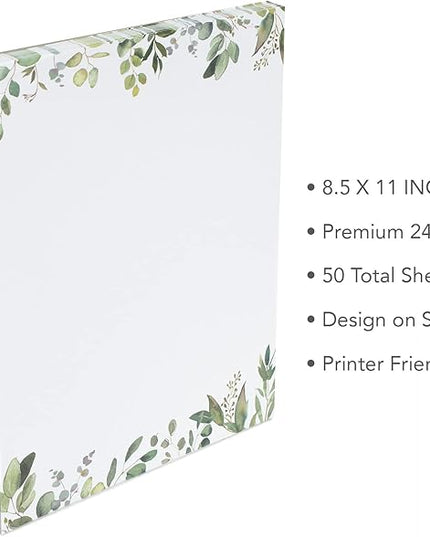 Leaf Theme Paper Stationery, Greenery Letterhead Paper 8.5 x 11 Inches, 50 Sheets, Elegant Writing Paper, Pretty Stationary Paper, Decorative Printer Paper