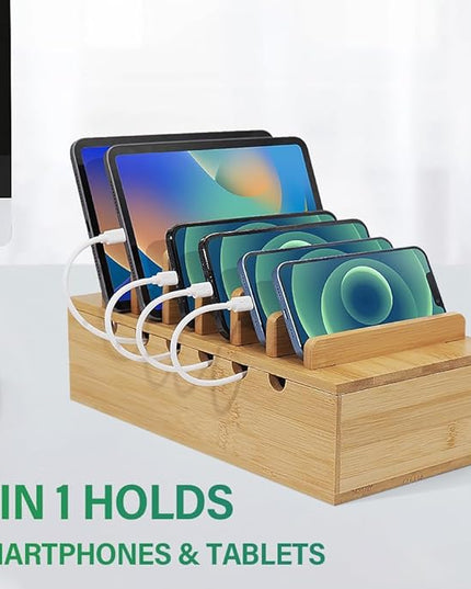 Bamboo Charging Station for Multiple Devices, Desk Docking Stations Organizer Compatible with iPhone Devices, Wood Charging Cell Phone Holder Stand (Includes 6 Cables) (NO Power Supply)