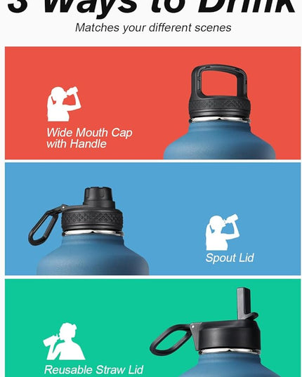 Half Gallon Water Bottle Insulated with Straw & 3 Lids, Coolflask 64 oz Water Jug Large Metal Stainless Steel Wide Mouth for Sports, Gym or Office, Non-BPA Keep Cold 48H Hot 24H, Samurai Cyan