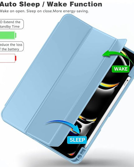 ZryXal iPad Pro 11 Inch Case (M5) 2025/ (M4) 2024 (Model: A2836/A2837/A3006), Trifold Stand Smart Cover with Pencil Holder and Soft TPU Back, Auto Wake/Sleep (New Azure Blue)