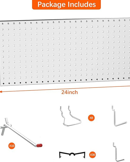 TORACK Metal Pegboard Wall Tool Organizer 24" x 24" or 12" x 48", 70 PCS Tools Storage Pegboard for Garage Peg Board Tool Organizer Board with Hooks for Workbench(Grey)