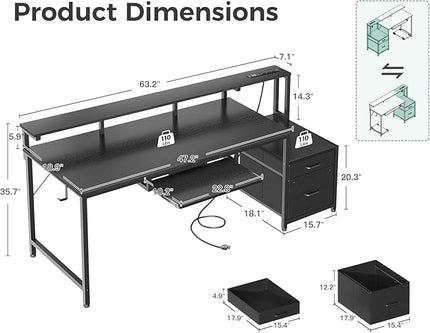 AODK Computer Desk with Drawers and Keyboard Tray, 63" Office Desk with Power Outlet, Reversible Study Work Desk with Printer Shelf and File Cabinet for Home Office, Black