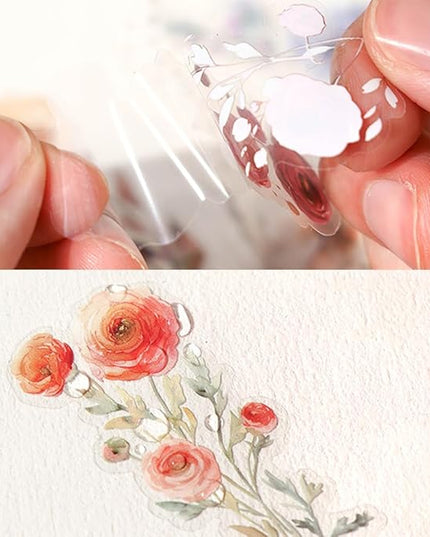 120 Pieces Vintage Transparent PET Floral Stickers for Journaling, 4 Styles Watercolor Flower Set, Decorative Sticker for Scrapbooking, Junk Journal Supplies, Collage