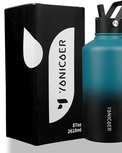 Insulated Water Bottle 87oz,Triple Wall Vacuum Stainless Steel(Dishwasher Safe),Leak Proof & Non-BPA,Flask Jug with Paracord Handle & Straw Spout Lids Sports Gradient indigo blue/black