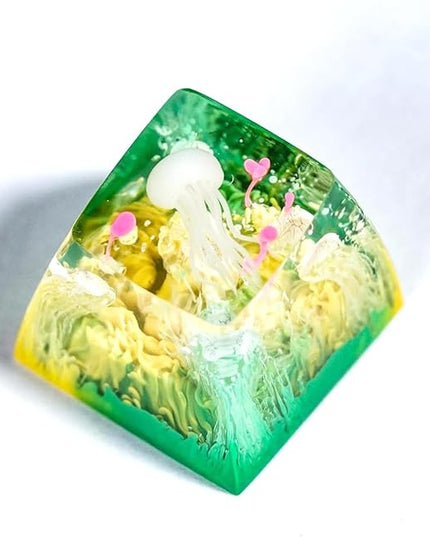 Jellyfish Artisan Keycap Yellow Green Coral R1 SA Profile Custom Sea Creature Keycaps 1U ESC Handmade Gaming Sea Resin Key Cap Cherry MX Switch Compatible Mechanical Keyboard Jellyfish Lover Gift