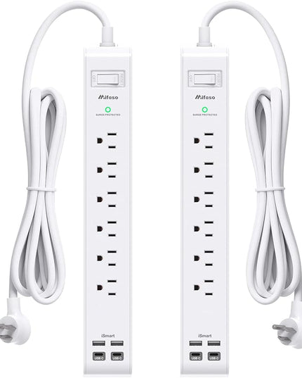 2 Pack Power Strip, 12FT Long Extension Cord, Surge Protector with 6 Outlets and 4 USB Ports (2 USB C), Flat Plug Overload Protection, Extension Cord 10+ ft, Wall Mount for Home Office Dorm College