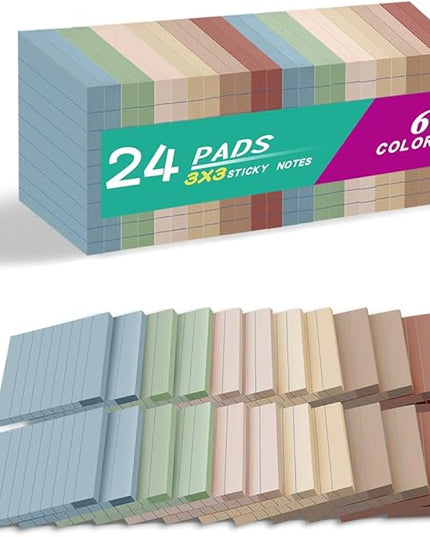 (24 Pack) Lined Sticky Notes 3x3 in,Notepads with Lines,Ruled Stickies Super Sticking Power,Office School Memo Note Pads Vintage Colors,Post on Windows Doors,Recyclable,Easy to Write on