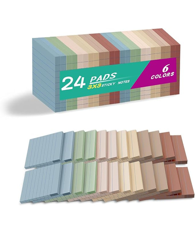 (24 Pack) Lined Sticky Notes 3x3 in,Notepads with Lines,Ruled Stickies Super Sticking Power,Office School Memo Note Pads Vintage Colors,Post on Windows Doors,Recyclable,Easy to Write on
