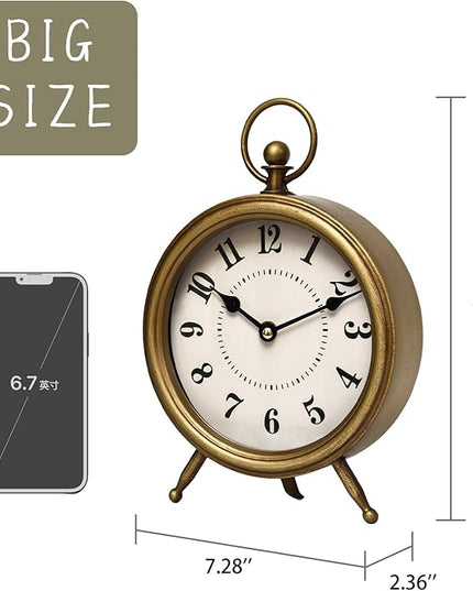 MACVAD Vintage Table Clock on Stand, Decorative Desk and Shelf Clock Farmhouse Mantel Non-Ticking Clock Rustic Metal Frame with Antique Gold Finish