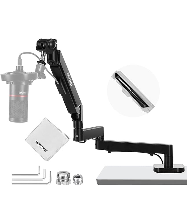 NEEWER MS002 Low Profile Desk Mic Boom Arm Stand with 360° Swivel Adjustable Pneumatic Damping Cable Management Cleaning Cloth, Desktop Mount Holder Compatible with Shure MV7 SM7B Blue Yeti Microphone