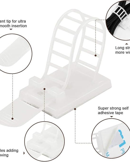 50Pcs Adhesive Cable Management Clips with 50Pcs Zip Ties, Adjustable Nylon Cable Strap Ties Wire Clips Clamps Organizer, Extra Screw & Hole - 3.35 Inch White