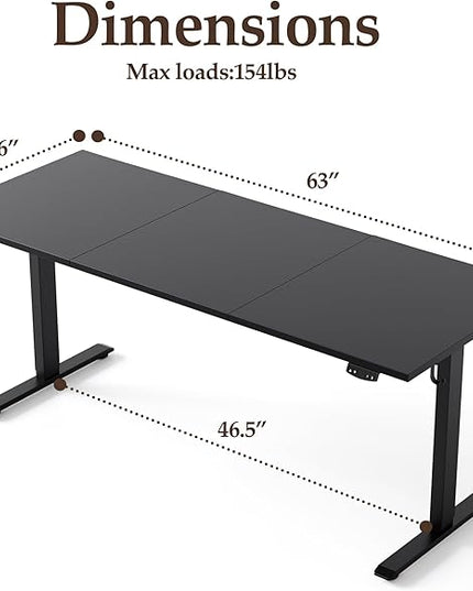 Klicelor 63 Inch Large Electric Standing Desk, Height Adjustable Office Desk, Sit Stand Up Computer Gaming Desk with Memory Preset, Three-Piece Desktop, Black
