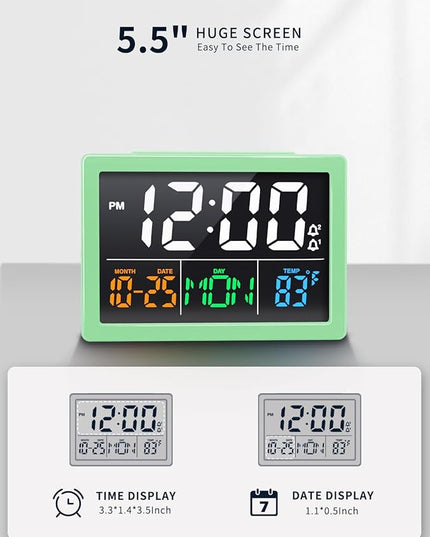 Digital Alarm Clock, with 5.5" Large LED Time Display, Adjustable Alarm Volume, 6 Level Brightness, Alarm Settings, USB Charger, Temperature Detect, Snooze, Clocks for Bedroom, Bedside, Desk, Green