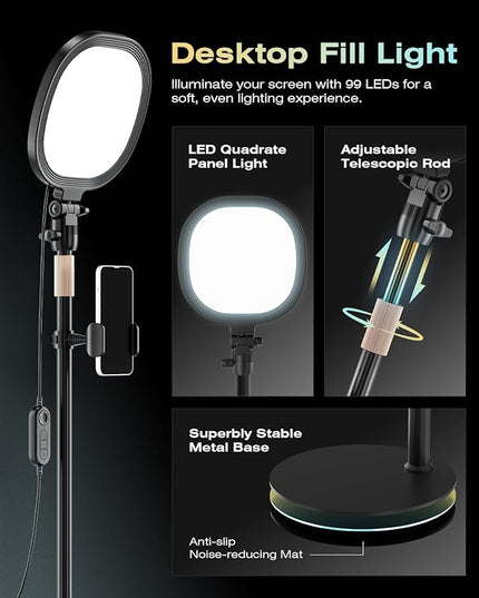 PQRQP 2 Packs Ring Light with Stand, Adjustable Desktop Lamp with Phone Mount, CRI 97+ Studio-Grade Video Conference Light for Video Calls, Home Office, TikTok Live & Vlog Filming (Nocturnal Black)