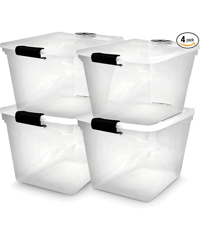 HOMZ 4-Pack Latching Lid, Large Clear Plastic Storage Bins with Lids, 31 Quart, Gray Latch - Stackable Container Boxes for Home, Bathroom, and Office Organization