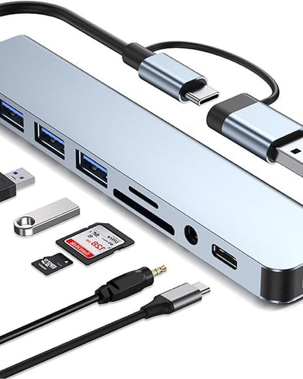 USB C Hub USB Hub 3.0 with SD/TF Card Reader, 3.5mm Headphone Aux Jack, 8-in-1 USB Splitter for MacBook Pro Air, XPS, Surface and More PC/Laptop/Tablet Devices