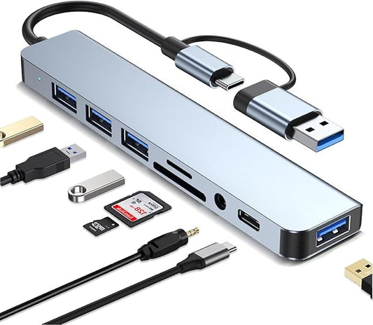 USB C Hub USB Hub 3.0 with SD/TF Card Reader, 3.5mm Headphone Aux Jack, 8-in-1 USB Splitter for MacBook Pro Air, XPS, Surface and More PC/Laptop/Tablet Devices