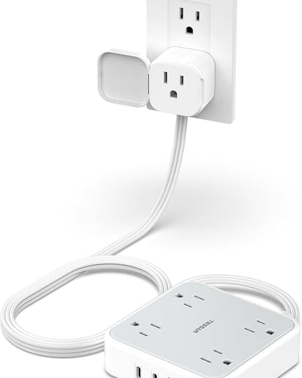 TESSAN Outlet Cover with Extra Outlet on Plug, Surge Protector Power Strip with 3 USB (2 USB C), 5 Ft Flat Extension Cord, 900 Joules Protection, Flat Plug Power Strip for Home Office Essentials