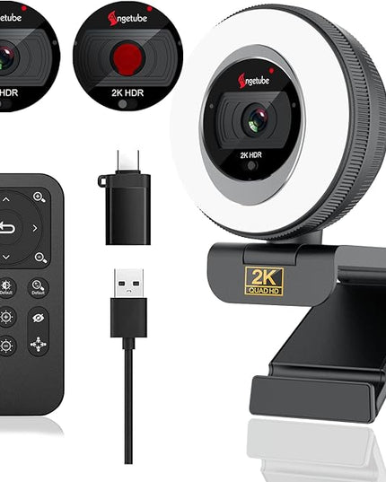 Angetube Webcam, 2K Streaming Webcam with Ring Light, HDR Laptop Camera with Remote, Dual Stereo Microphone and Privacy Cover, Auto Focus 5X Zoom in, Computer Camera for Zoom/Skype/Teams/Webex
