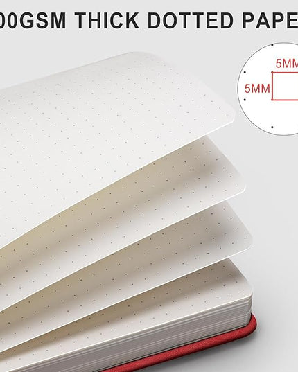 AHGXG Bullet Dotted Journal - 320 Numbered Pages Dot Grid Notebook A5 Thick Journal, 100gsm Thick Dotted Paper, Leather Hardcover,Inner Pocket, 5.75'' × 8.38'' - Red