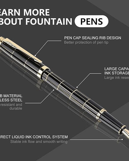 Tiankool Luxury Fountain Pen,Fine Nib, Exquisite Pen Gift Set for Men&Women-Includes 10 Ink Cartridges&Ink Converter- Nice Pens - Black - Gold Plaid