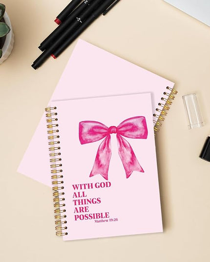 FDHSPAAM Coquette Pink Bow Christian Spiral Journal Notebook 5.5x8.3in, with God All Things Are Possible Inspirational Prayer Journal for Woman, Inspirational Bible Notebooks for Note Taking