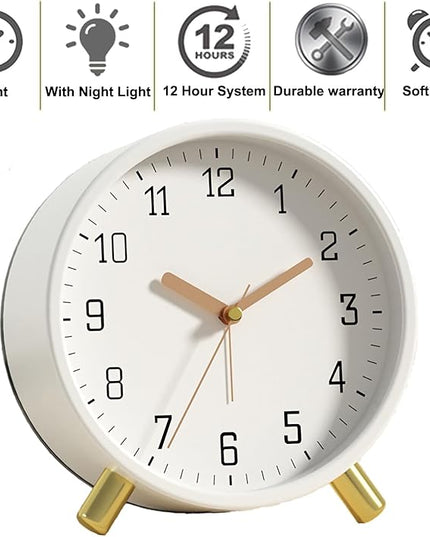 SHISEDECO Alarm Clock with Backlight, 4.5 inches Bedside Analog Non-Ticking Silent Small Deskclock with Arabic Numerals, Battery Operated Round Tableclock for Living Room, Bedroom (White)