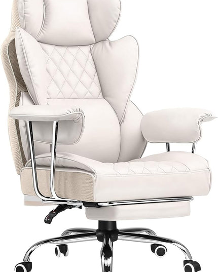 COMHOMA Big and Tall Office Chair, High Back Leather Gaming Chair with Footrest, Executive Ergonomic Office Chairs with Pocket Spring Lumbar Support and with Outward Fixed Soft Armrests