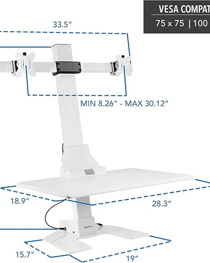 Mount-It! Electric Standing Desk Converter, Motorized Sit Stand Desk Riser with Dual Monitor Mounts, Adjustable Height Ergonomic Workstation with 28” Wide Platform and Tablet/Phone Slot, White