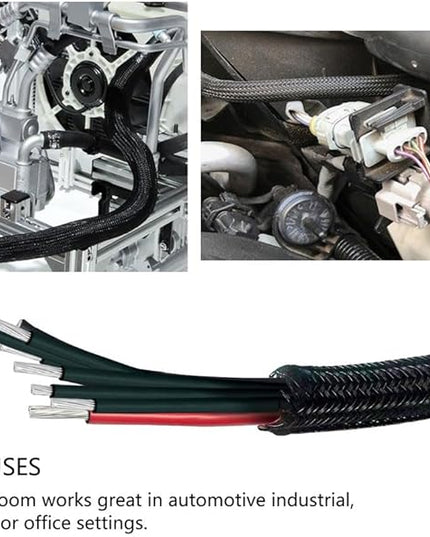 25ft – 1" Split Braided Cable Sleeve – Self-Wrapping Wire Loom Cord Protector for Power Cords, PC, TV, Automotive, and Audio Cable Management – Flexible Cable Organizer – Black
