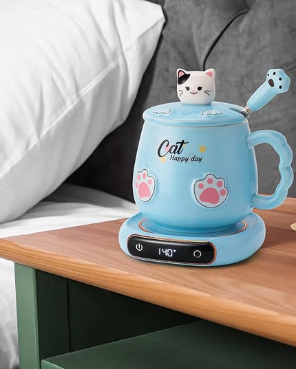 Bgbg Coffee Mug Warmer & Cute Cat Mug Set, Beverage Cup Warmer for Desk Home Office with Three Temperature Up to 140℉/ 60℃, Coffee Warmer for Cocoa Milk Tea Water Candle, 8 Hours Auto Shut Off