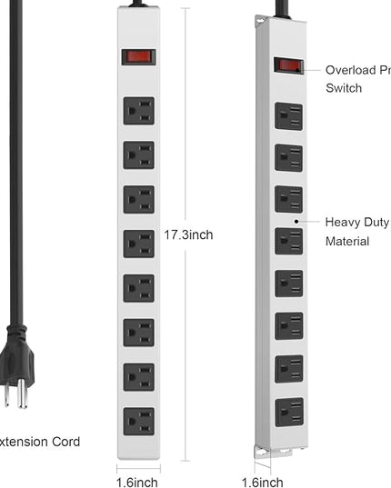 JUNNUJ Metal 8 Outlet Power Strip, Mountable Heavy Duty Power Strip, 1200J Surge Protector Wall Mount Screws Outlet with Switch, Gaming Desk Strips Wide Spaced 15A 125V 1875W, 10 FT 14AWG Power Cord