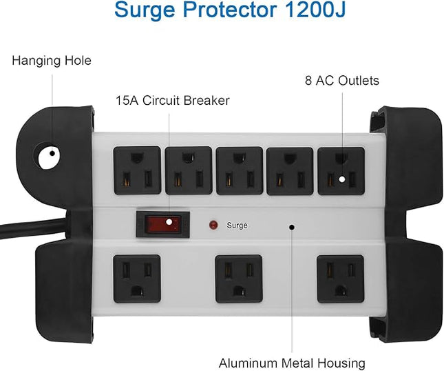 Heavy Duty Surge Protector for Appliances, 8 Outlet Workshop Power Strip with 1200 Joules, Metal with 6FT Extension Cord and Wide Spaced. Grey