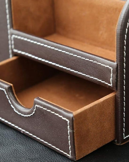 KINGFOM Desk Organizer Office Supplies Caddy Pu Leather Multi-function Storage Box Pen/Pencil,Cell phone, Business Name Cards Remote Control Holder with Small Drawer Brown