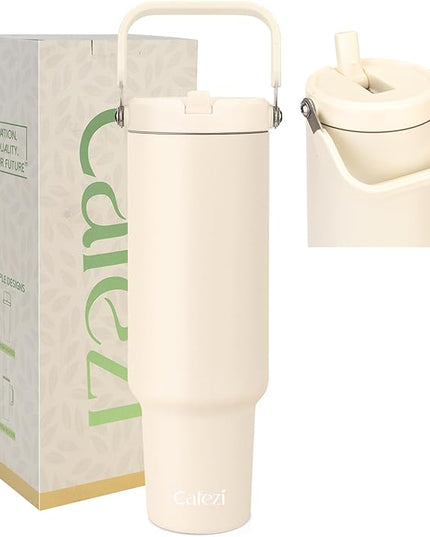 50oz Insulated Tumblers, Stainless Steel Water Bottles with Flip Straw and Top Handle, Leak Proof, No Sweat, Fits in Cup Holder, Vacuum Insulated Cup for Home, Office, Outdoors, Car