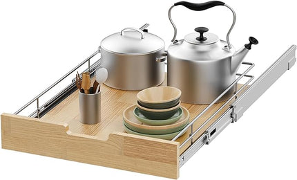 Sikarou Pull Out Cabinet Organizer,Heavy-Duty Slide Out Shelf, Wood And Wire Basket, Pull Out Drawer for for Kitchen Under Sink Space, Pantry, Bathroom (26 * 21 WM)