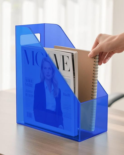 Acrylic Magazine Rack Desk File Holder Organizer for Office Desktop Vertical Magazine Storage Box, 12 x 10 x 5'', Klein Blue