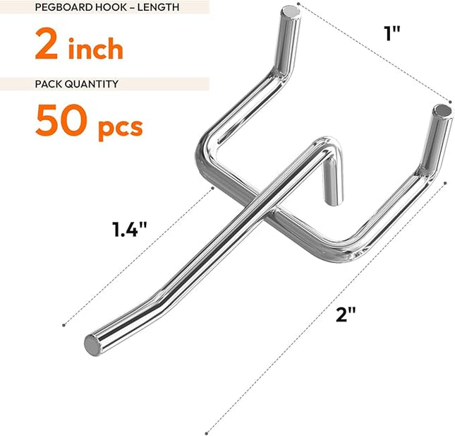 50 Pack 2 Inch Metal Pegboard Hooks, Fit 1/4 in and 1/8 in Peg Board Organizer Accessories, for Hanging Storage, Garages, Tool Sheds, Basements