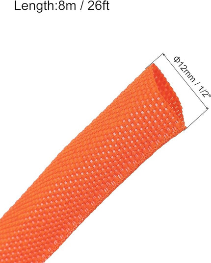 MECCANIXITY Braided Cable Sleeves Heat Shrinkable Fabric Sleeving, 1/2" 26ft Orange 2:1 Ratio Heat Shrinkable Cord Protector for Harness Cable, Network Cable Protection, Cable Management