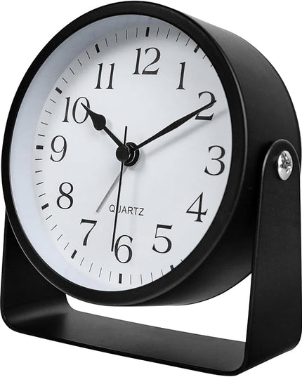 SCOAGE Small Luminous Desk Analog Alarm Clock Metal Bracket 360° Rotating Shelf Clock with Light Battery Powered Bedside Silent Cute Alarm Clock for Heavy Sleepers Elderly and Children Office Bathroom