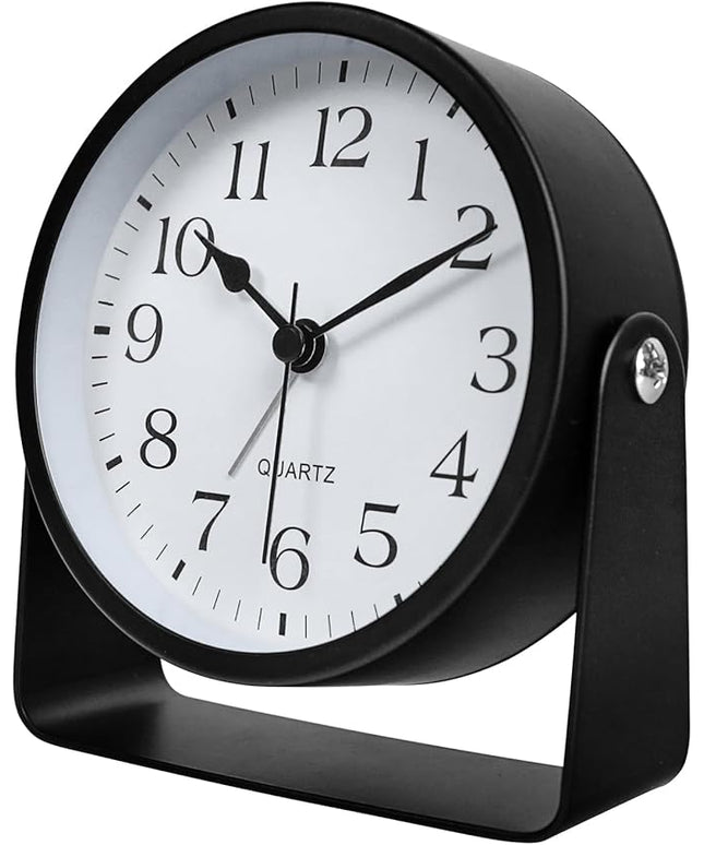 SCOAGE Small Luminous Desk Analog Alarm Clock Metal Bracket 360° Rotating Shelf Clock with Light Battery Powered Bedside Silent Cute Alarm Clock for Heavy Sleepers Elderly and Children Office Bathroom